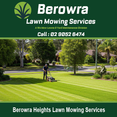 Professional lawn mowing services in Berowra Heights NSW showing freshly cut grass and landscaping equipment