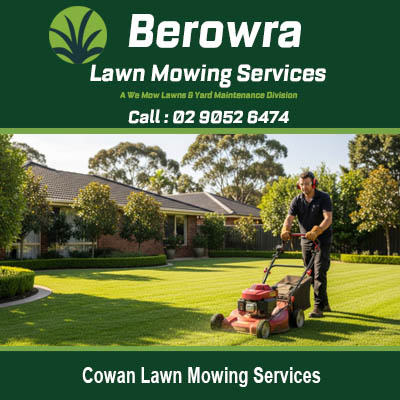 Professional lawn mowing services in Cowan NSW showing expert gardener cutting residential grass